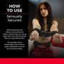 Person wearing handcuffs with text on how to use 'Sensually Secured' product